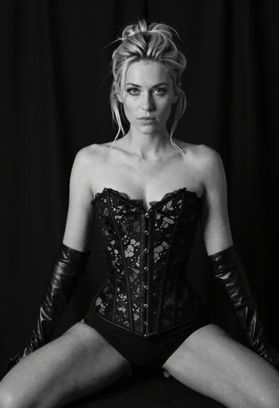 Fair blonde woman in black corset and gloves seated against dark background