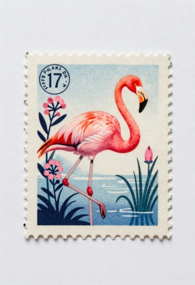 Vintage stamp design with pink flamingo illustration