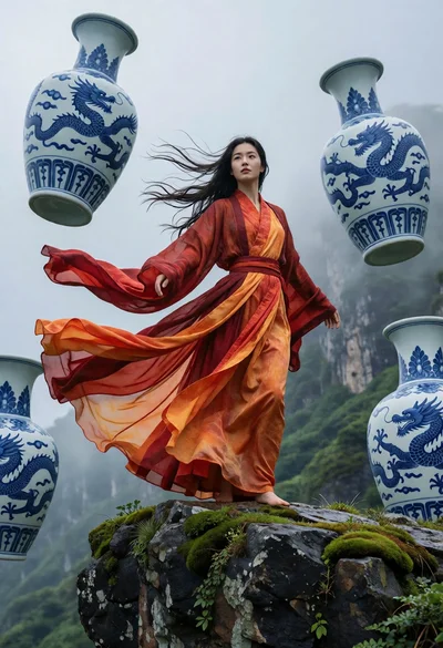 Woman on mossy cliff edge near floating blue porcelain vases