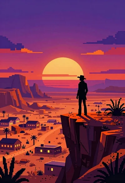 Silhouette on cliff overlooking desert town at sunset