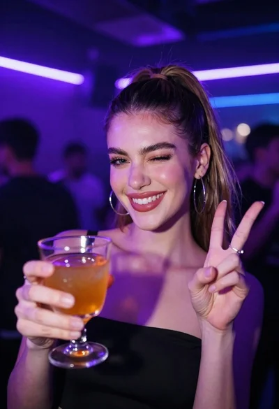 Smiling woman making peace sign in a neon nightclub