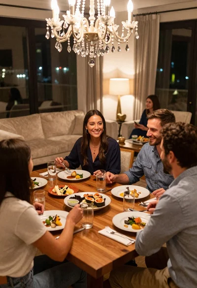 Smiling group enjoying dinner at a wooden table in a luxurious city