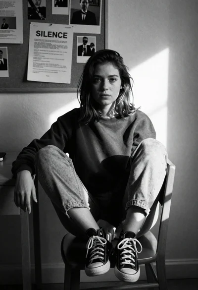 Young woman in dark sweatshirt sitting on wooden chair in dimly lit