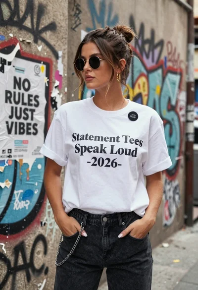 Young woman in white graphic tee and dark jeans standing in an