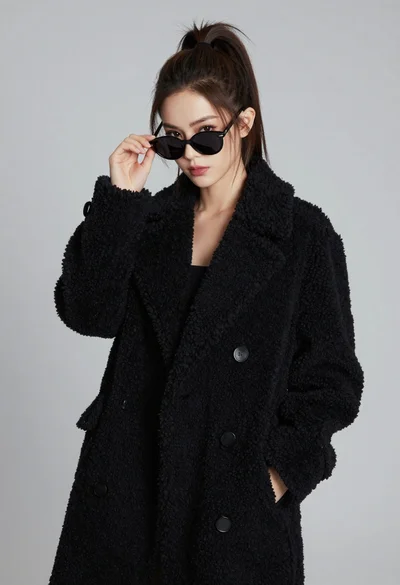 Stylish young woman in black teddy coat adjusting sunglasses against gray background
