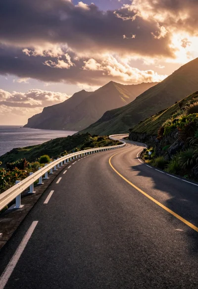 Winding asphalt road through rugged coastal mountains under dramatic golden sky