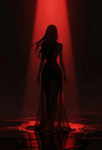 Silhouette of woman under dramatic red light beam