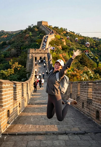 Ecstatic tourist jumping on great wall at golden hour view