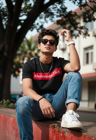 Young man sitting casually on red ledge in urban setting outdoors