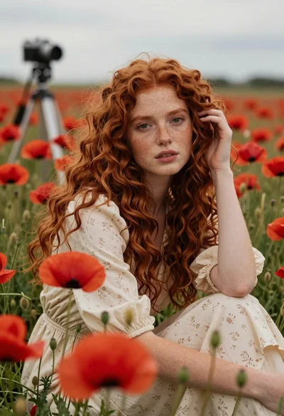 Portrait of woman with red hair sitting in field of vibrant red