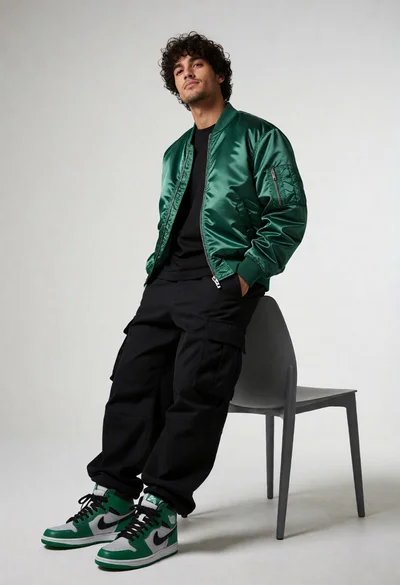 Young man leaning on gray chair in minimalist studio setting