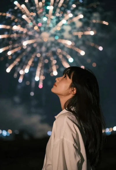 Young woman in profile looking up at colorful fireworks in night sky
