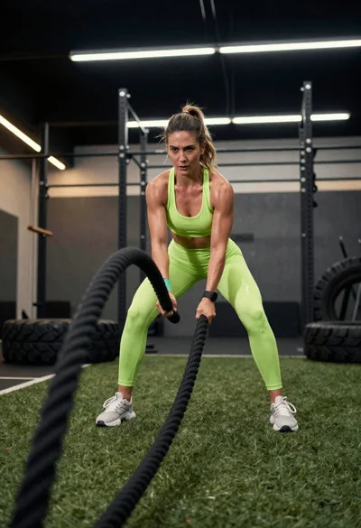 Toned female athlete slamming battle ropes in high energy fitness arena