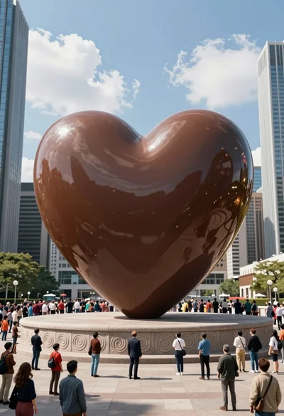 Colossal glossy chocolate heart sculpture dominating modern city plaza foreground