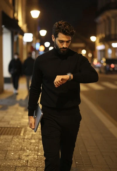 Man walking down city street at night checking watch holding laptop