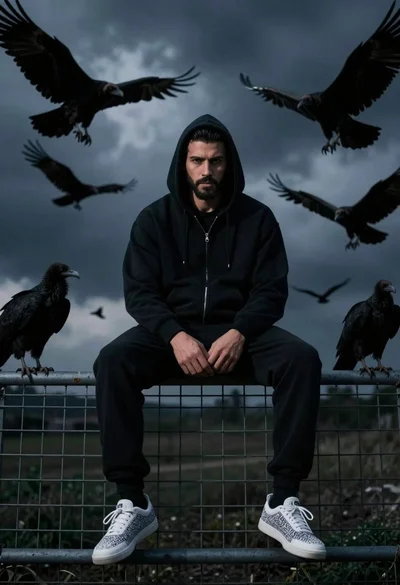 Cinematic portrait of man on metal fence surrounded by black vultures