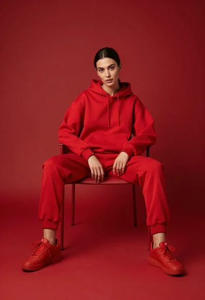 Woman in red hoodie sitting on chair against red background