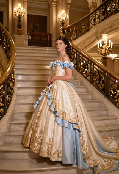 Young woman in elaborate ballgown on grand marble staircase interior