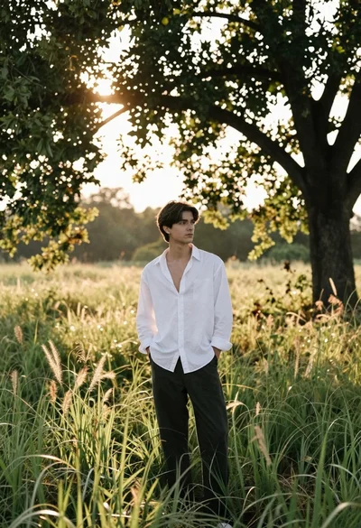 Young man in white shirt standing in a sunny grassy field under