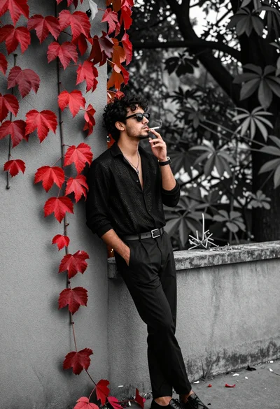 Stylish man leaning against wall with red leaves smoking cigarette outdoors