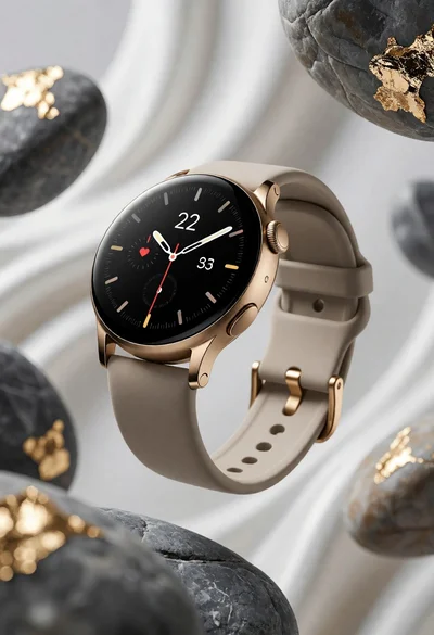 Sleek smartwatch floating among stones and flowing white fabric product shot
