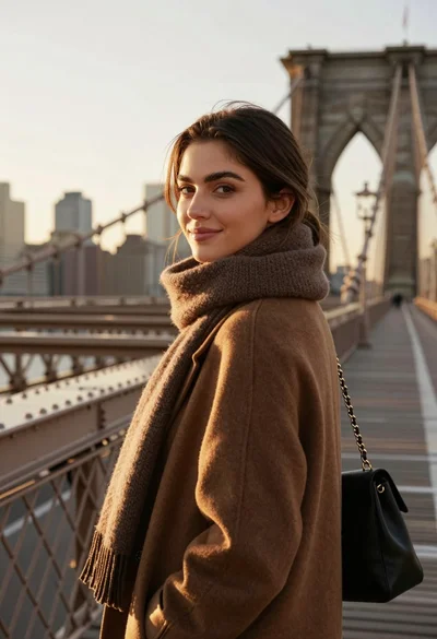 Young woman looking back over shoulder on suspension bridge at golden hour
