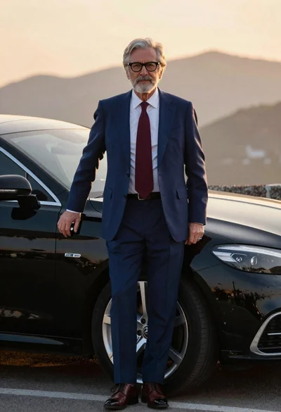 Older man in suit beside black luxury sedan at sunset