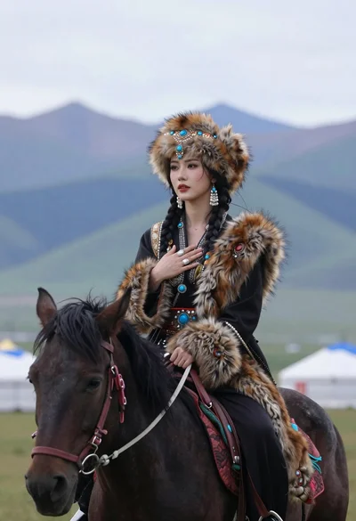 Woman in traditional central asian attire riding black horse on grassy plain