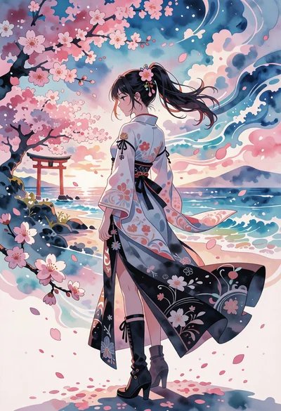 Digital illustration of woman in kimono against cherry blossom coastal background