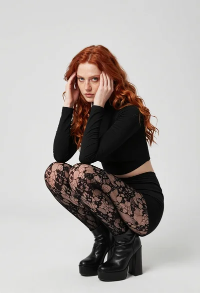 Fair young woman in black outfit crouching in minimalist studio setting