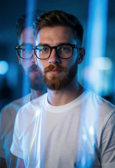 Medium close up portrait of young man with blue eyes and beard
