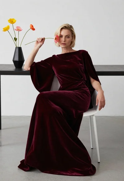 Blonde woman in burgundy velvet gown holding flower in white studio