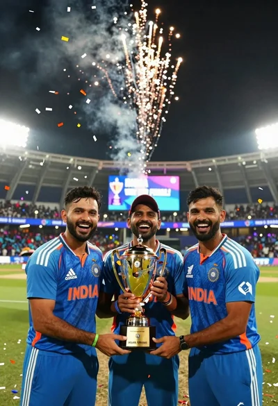 Three indian cricket players celebrating victory with a gold trophy under fireworks