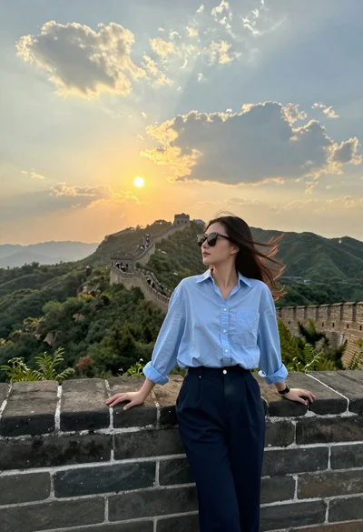 Young woman leaning on great wall overlooking green mountains at sunset