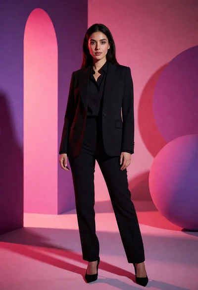 Full body portrait of woman in black suit against pink purple geometric