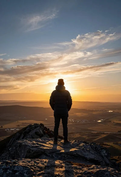 Solitary figure on rocky outcrop viewing vast landscape at brilliant sunset