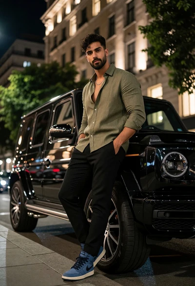 Confident man leaning against luxury suv on an illuminated city street at