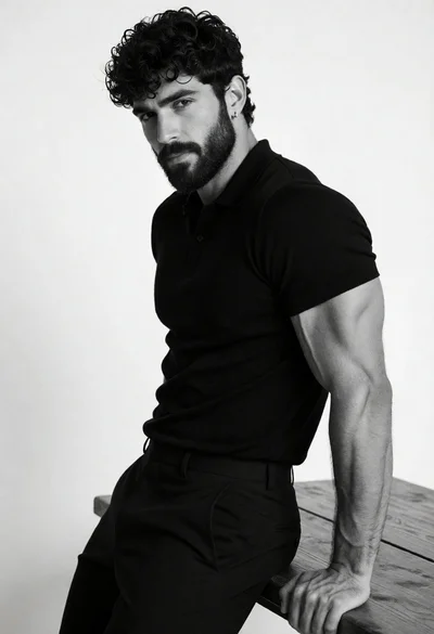 Black and white portrait of muscular man leaning on wooden surface