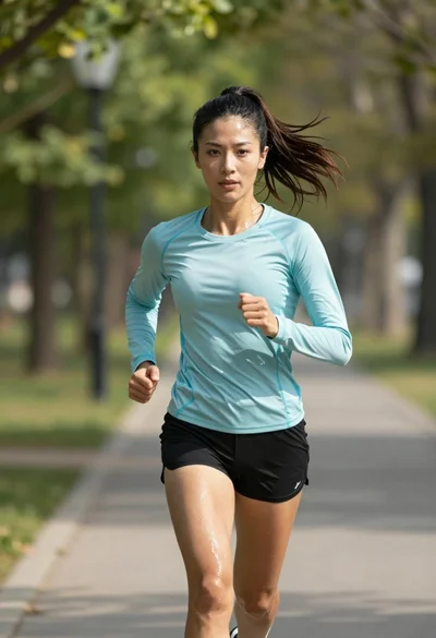 Fit woman running mid stride on paved park path under bright daylight