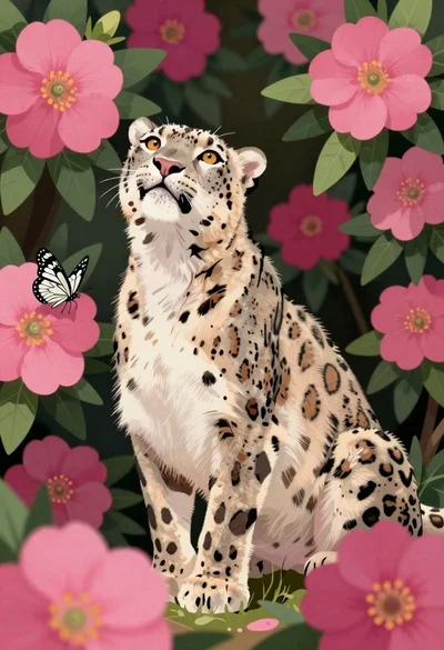 Snow leopard in a thicket of pink magenta flowers