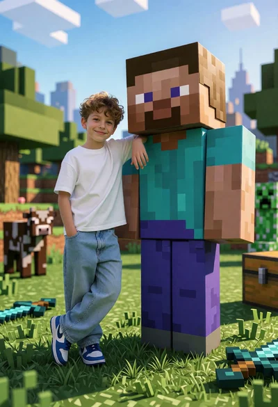 Young boy posing next to giant minecraft steve in blocky landscape
