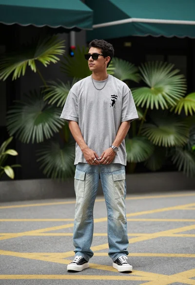 Stylish young man in grey tshirt standing outdoors near tropical foliage