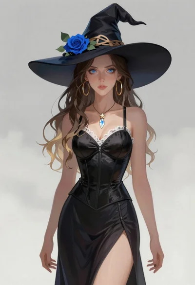 Portrait of a witch in black corset and hat