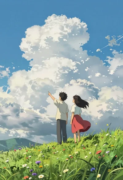 Two young people on green hillside looking up at vast blue sky