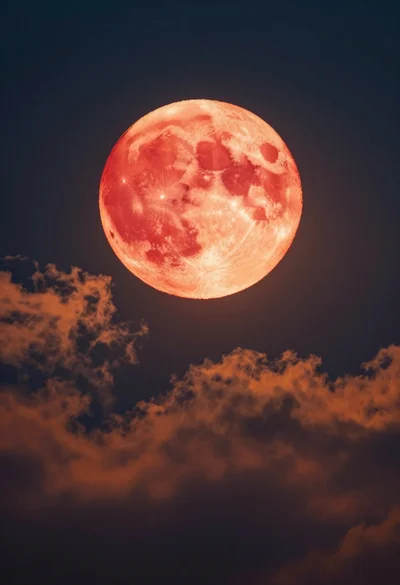 Massive glowing red moon illuminates wispy orange clouds in dark night sky