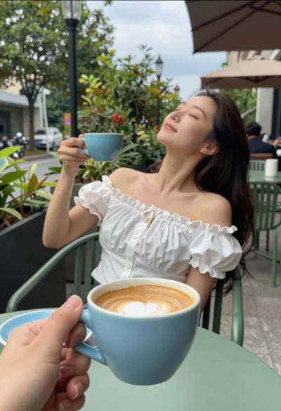 Hand holding blue coffee cup near woman relaxing at outdoor cafe