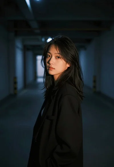 Young woman in black top standing in dimly lit industrial corridor