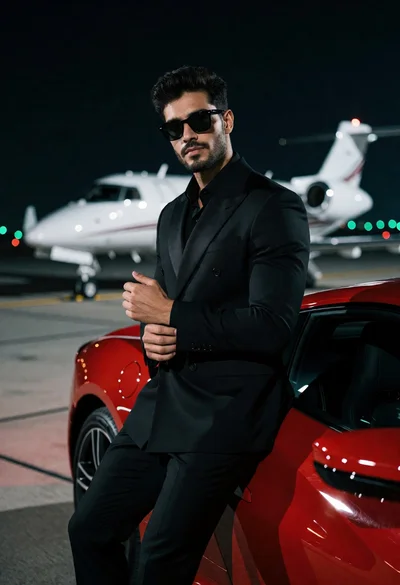 Man in black suit leaning on red sports car at airport tarmac
