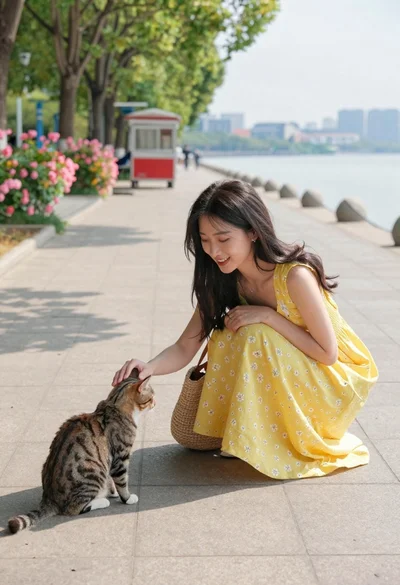 Young woman in yellow sundress crouches to pet tabby cat on sunny