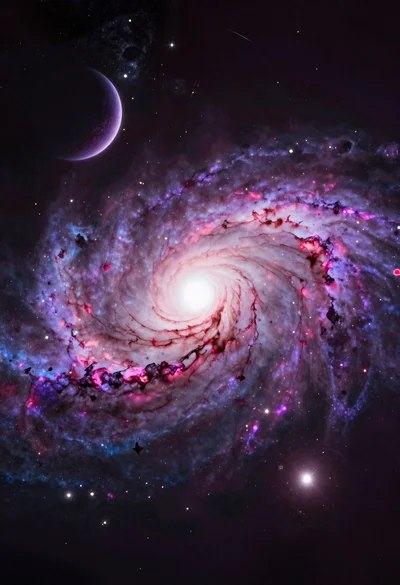 Majestic spiral galaxy with white core and pink purple arms in deep